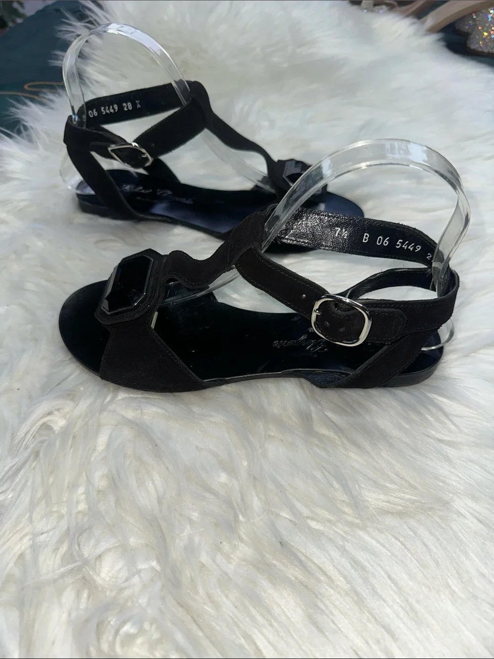 Robert Clergerie Women’s Black T-Strap Suede Sandals with Gem Accent